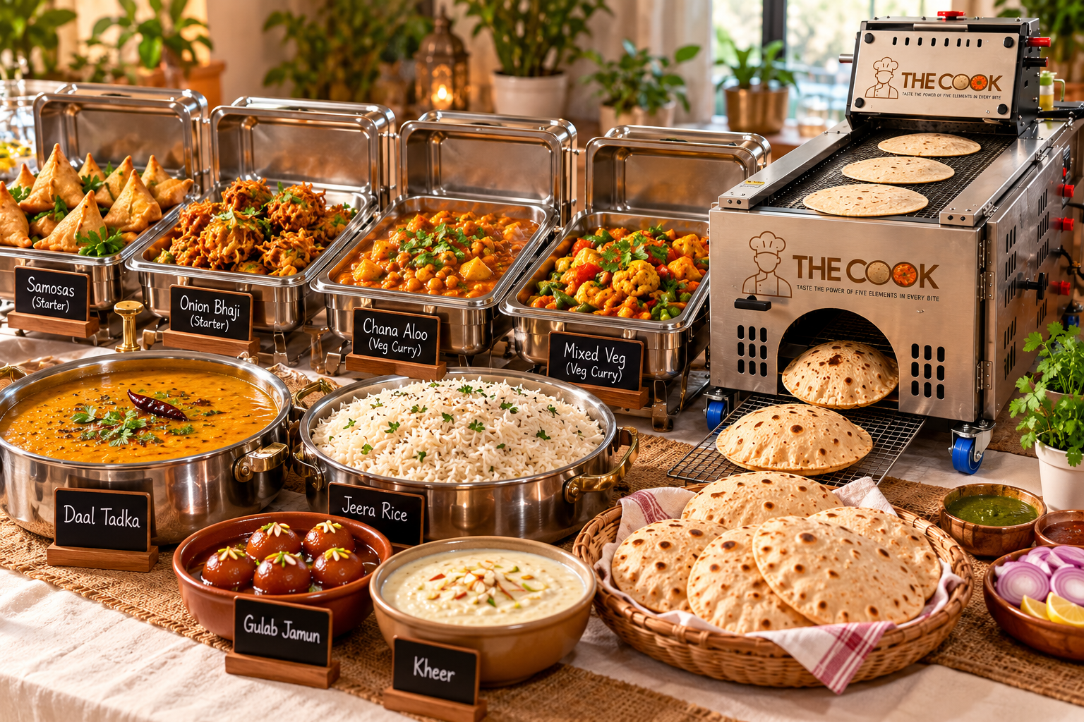 The Cook catering spread — samosas, onion bhaji, chana aloo, mixed veg curry, daal tadka, jeera rice, chapatis, gulab jamun and kheer